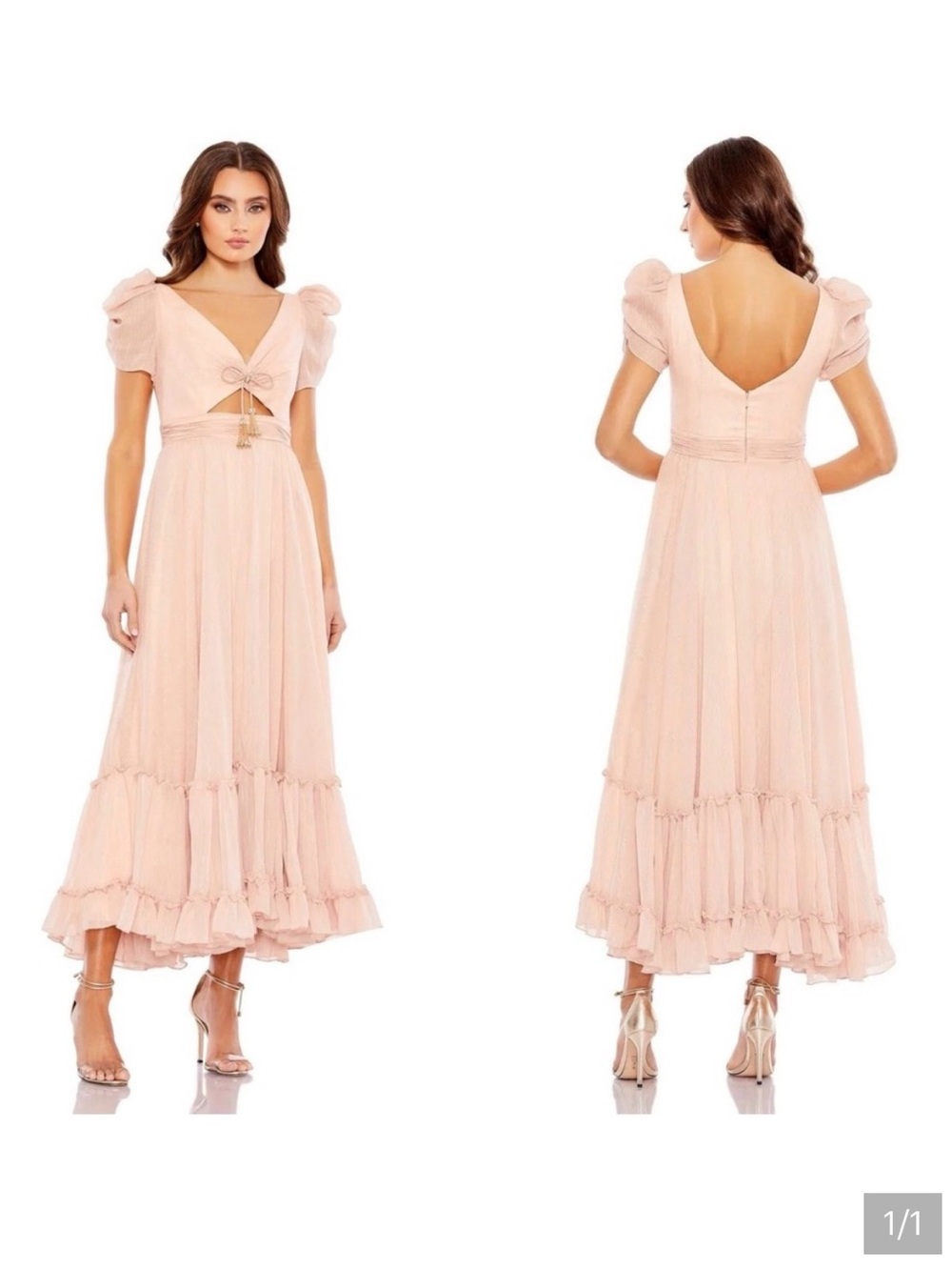 Mac Duggal Blush Pink Midi Dress with Puff Sleeves